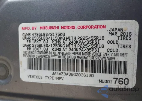 2016 Mitsubishi Outlander Sel from USA, damaged, VIN JA4AZ3A36GZ036120